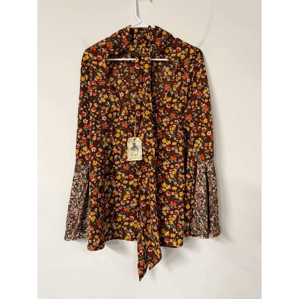 New Easel Women S Brown Floral Blouse Tie Neck Bell Sleeve Secretary Boho Top